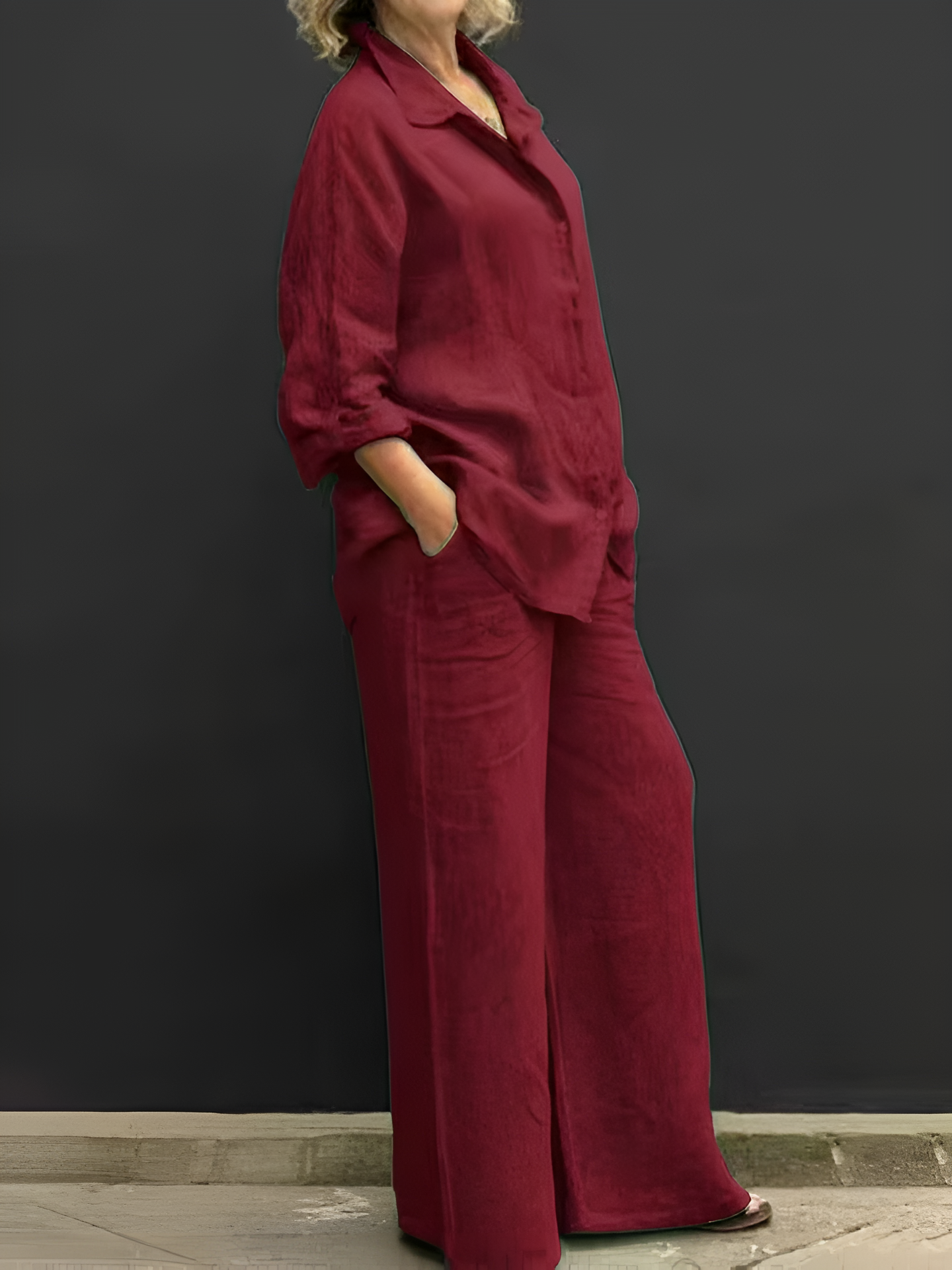 Womens Cotton Linen 2 Piece Outfits Long Sleeve Button Down Top Loose Elastic Waist Wide Leg Long Pants with 2 Pockets - Seldom Seen Styles
