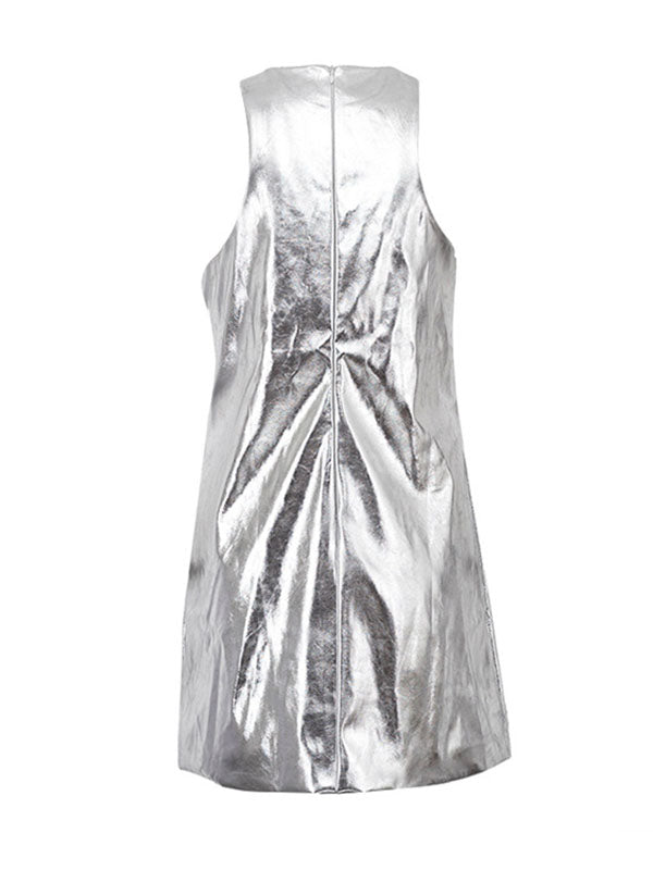 Shiny Solid Color Zipper A-line Loose Round-neck Mini Dresses - Seldom Seen Styles