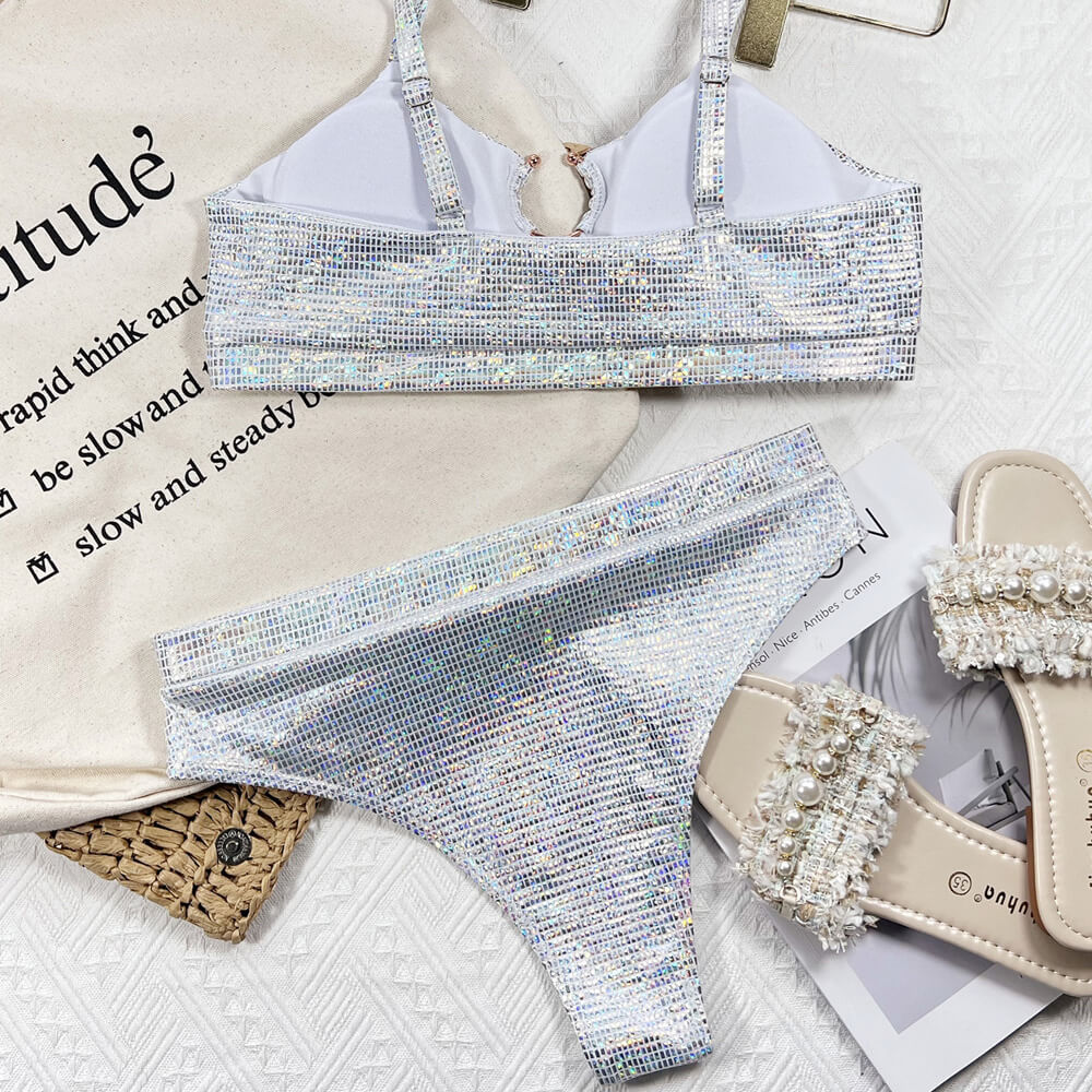 Sparkly O Ring High Cut High Waist Bralette Brazilian Two Piece Bikini Swimsuit - Seldom Seen Styles