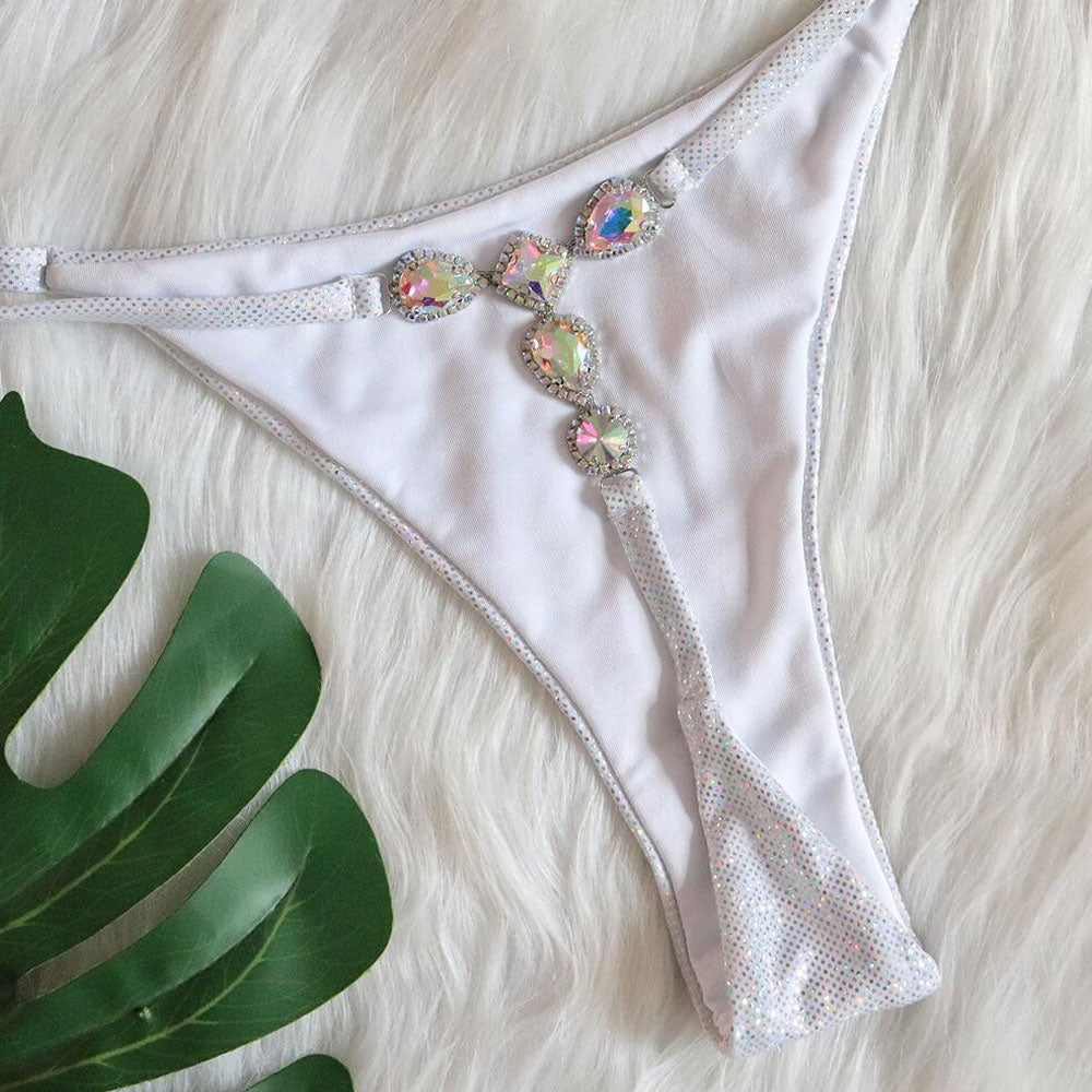 Sparkly Rhinestone Thong Slide Triangle Brazilian Two Piece Bikini Swimsuit - Seldom Seen Styles