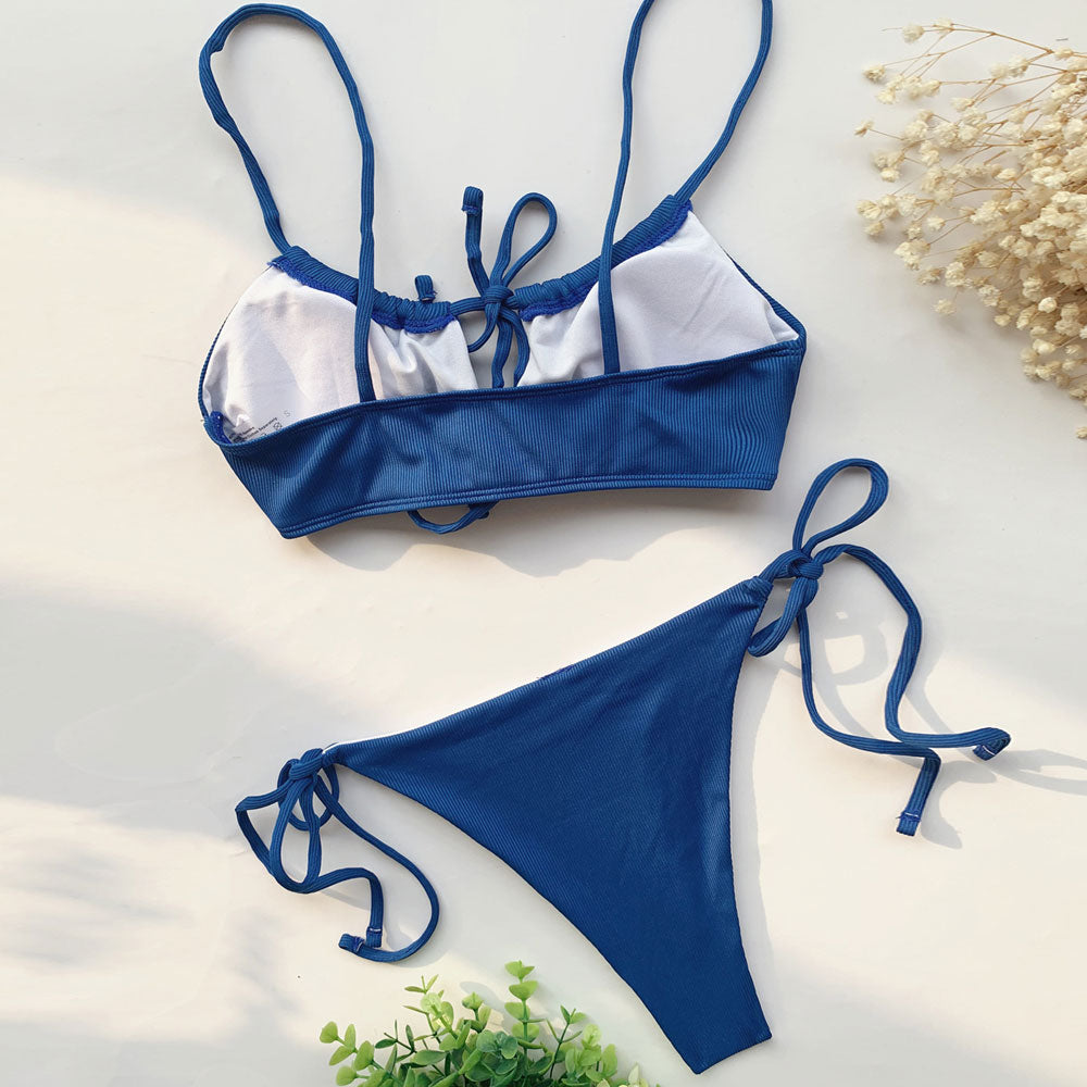 Stunning Ribbed Cut Out Bralette Tie String Brazilian Two Piece Bikini Swimsuit - Seldom Seen Styles
