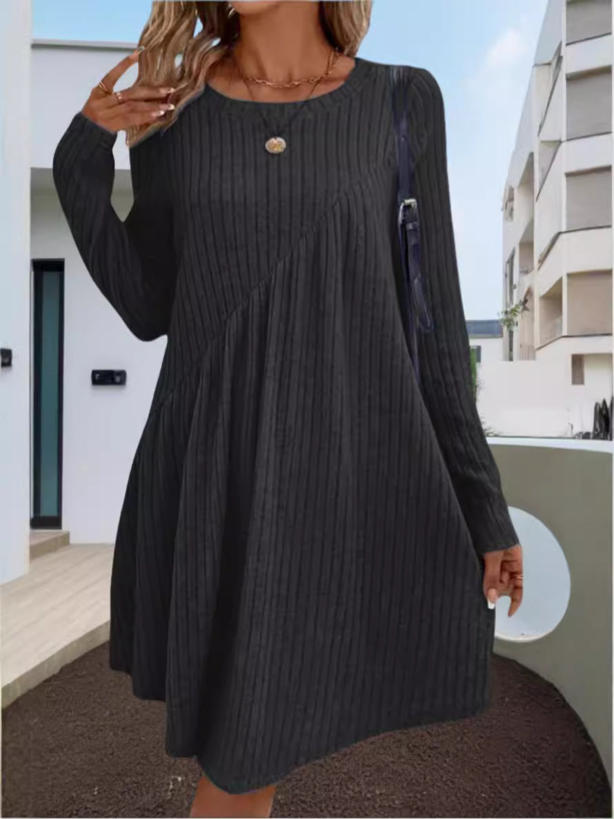 Sweater Dress Crew Neck Long Sleeve Casual Fall Winter Loose Tunic Dress Pockets Ruffle Hem - Seldom Seen Styles