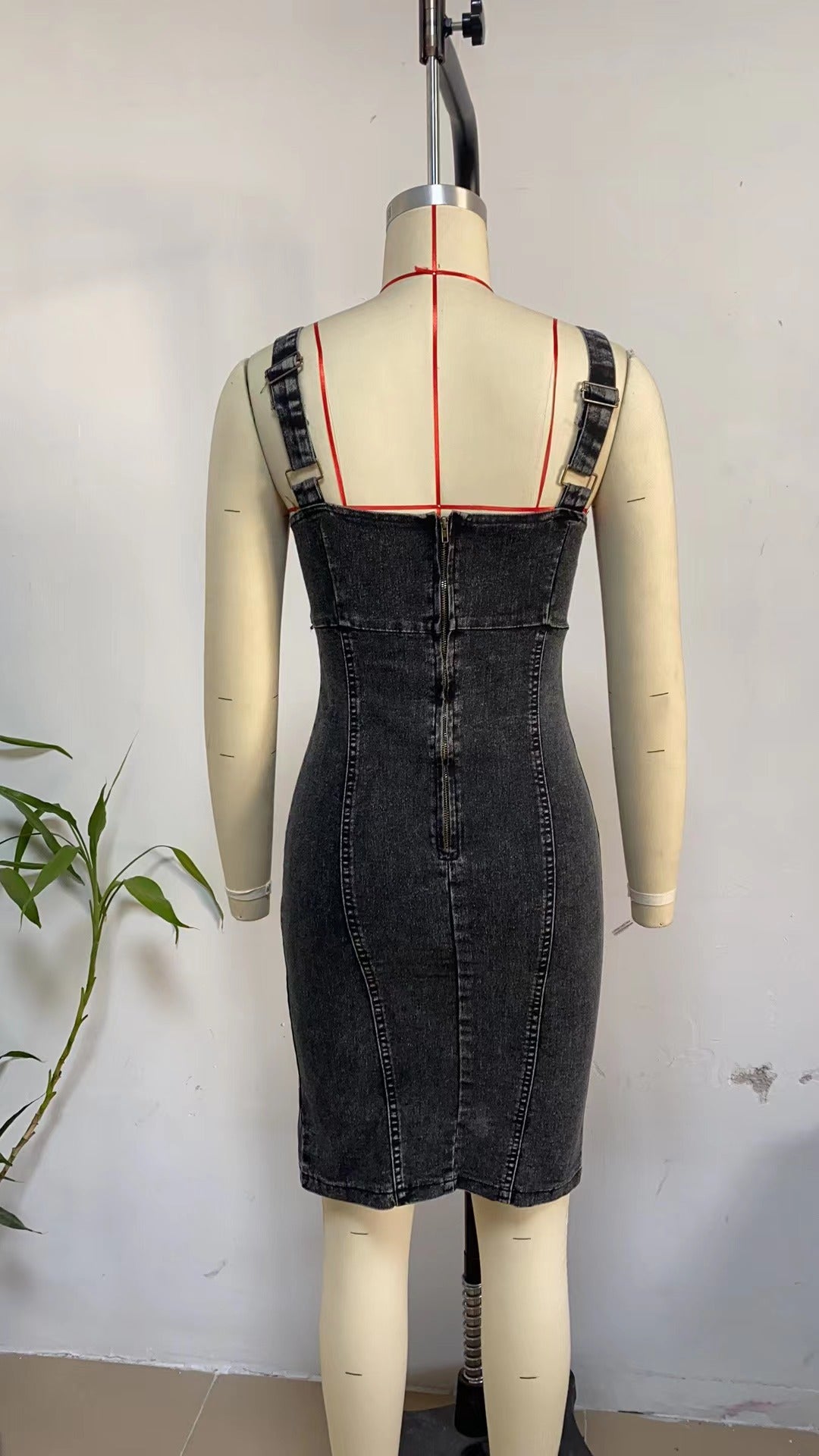 This Seasons Staple Denim Adjustable Straps Zip-up Firm Stretch Midi Dress Short Sleeve U Vintage Casual Style Denim Dress with Straps - Seldom Seen Styles