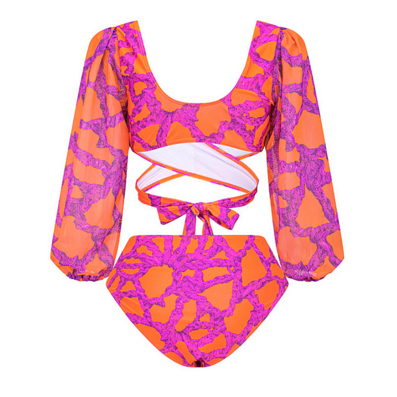 Tropical Rope Print High Waist Bishop Sleeve Wrap Brazilian Two Piece Bikini Swimsuit - Seldom Seen Styles