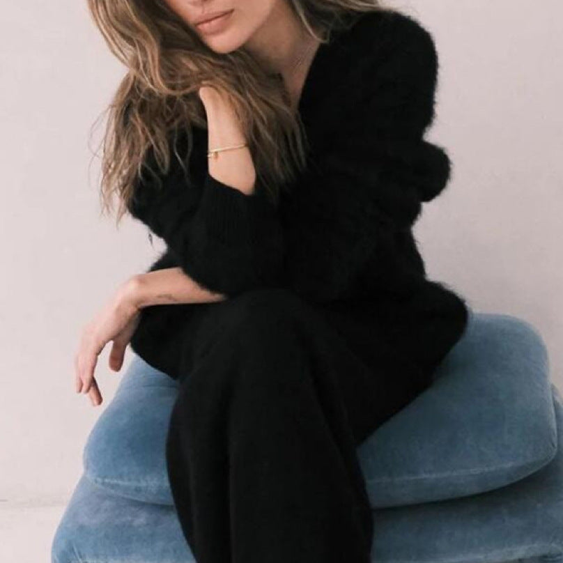 V-Neck Mink Wool Womens Fuzzy Mohair Cardigan Open Front Button Down V Neck Long Sleeve Sweater Slouchy Drop Shoulder Knit Coat - Seldom Seen Styles