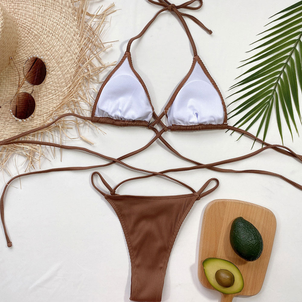 Vintage Ribbed Strappy Slide Triangle Brazilian Two Piece Bikini Swimsuit - Seldom Seen Styles
