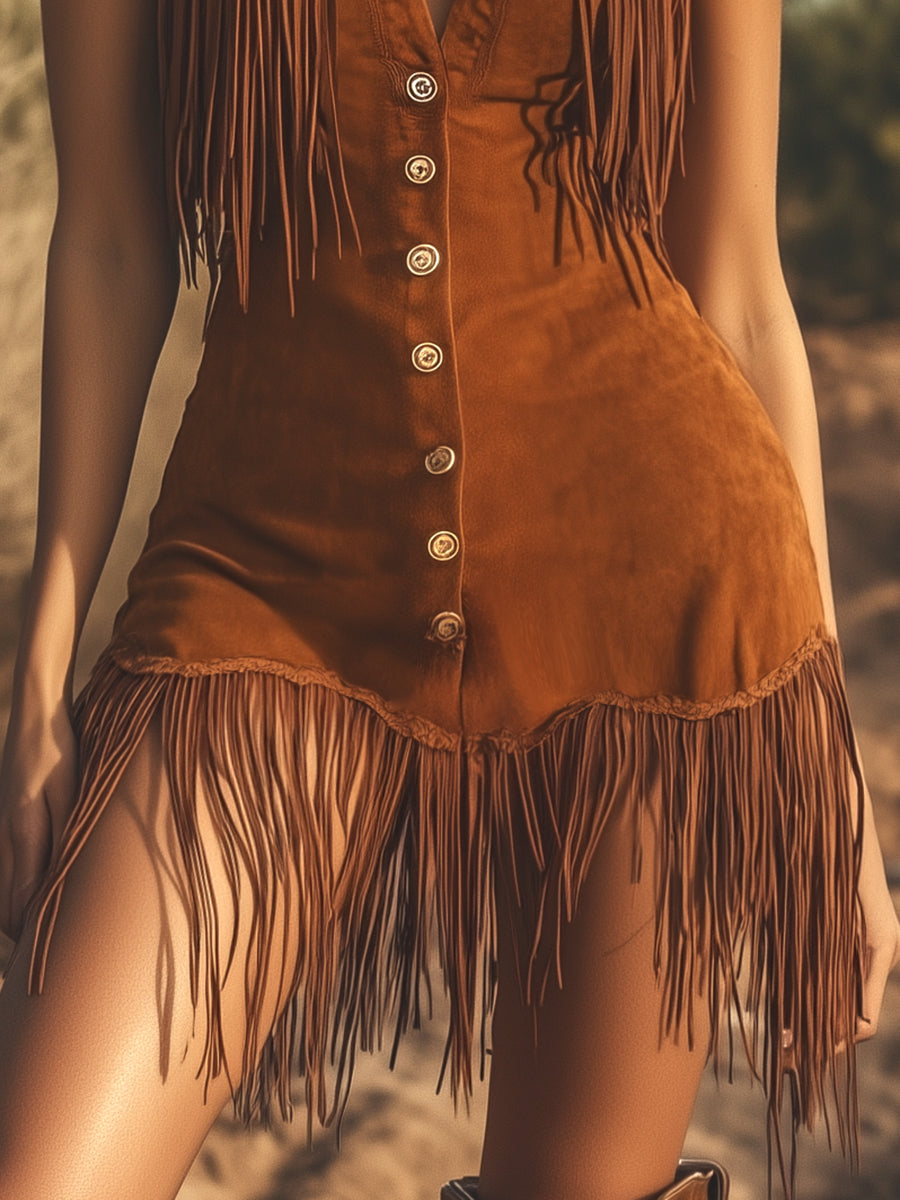 Western Vintage Brown Suede Fringe Sleeveless Mini Dress - Seldom Seen Styles