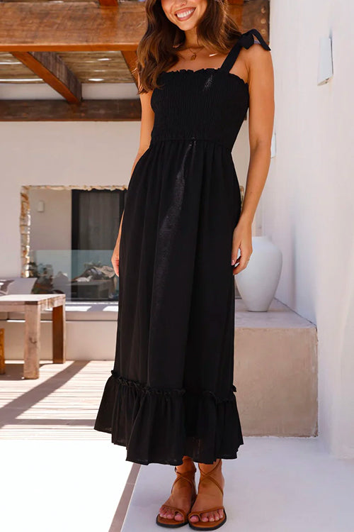 Wide Straps Bow Shoulder Smocked Ruffle Maxi Dress - Seldom Seen Styles