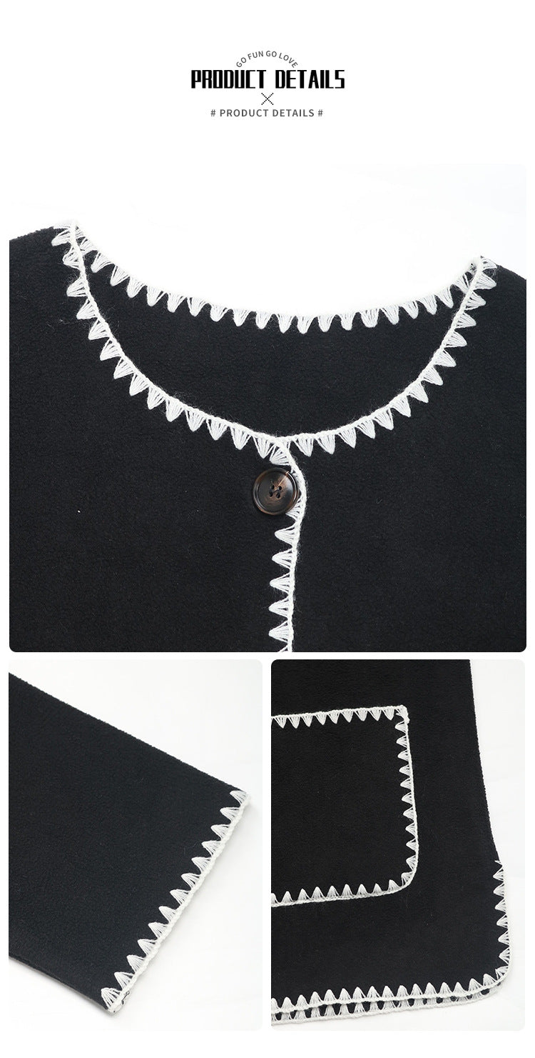 Women Fleece Button Down Open Front Cardigan Jacket Color Block Trim Crew Neck Long Sleeve Casual Jackets with Pockets - Seldom Seen Styles