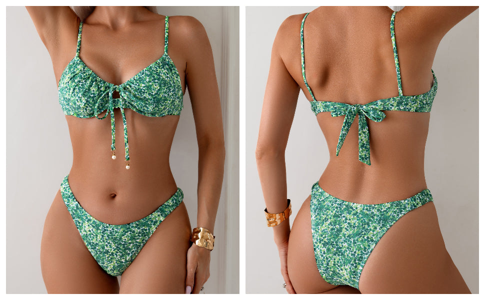 Women's 2 Piece Bikini Sets Boho Floral Print Underwire Swimsuit Tie Front Cut Out Bathing Suit - Seldom Seen Styles