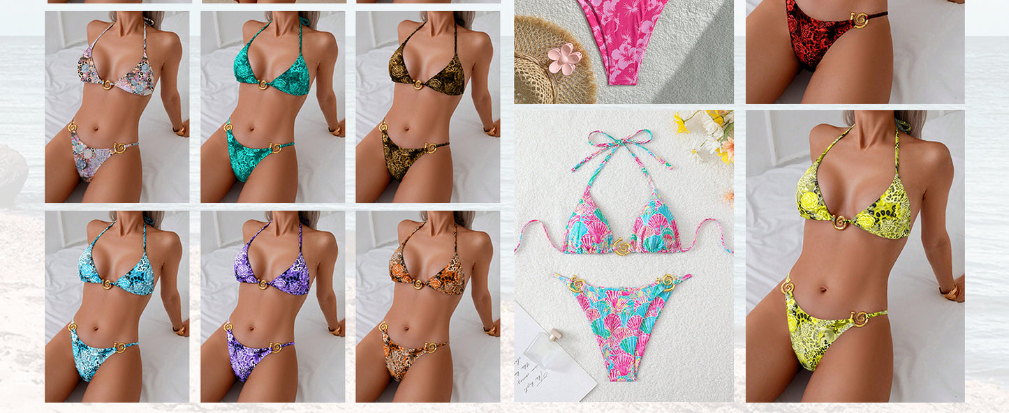 Women's 2 Piece Leopard Floral Bikini Sets Ring Triangle Halter Bathing Suit Tie Back Swimsuit - Seldom Seen Styles