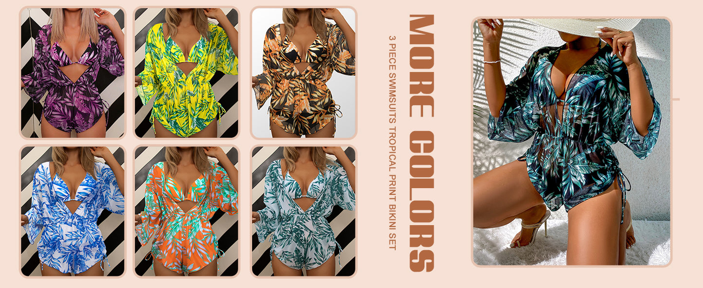 Women's 2025 Summer 3 Piece Swimsuits Tropical Print Bikini Set Halter Drawstring Bathing Suits with Cover Up - Seldom Seen Styles
