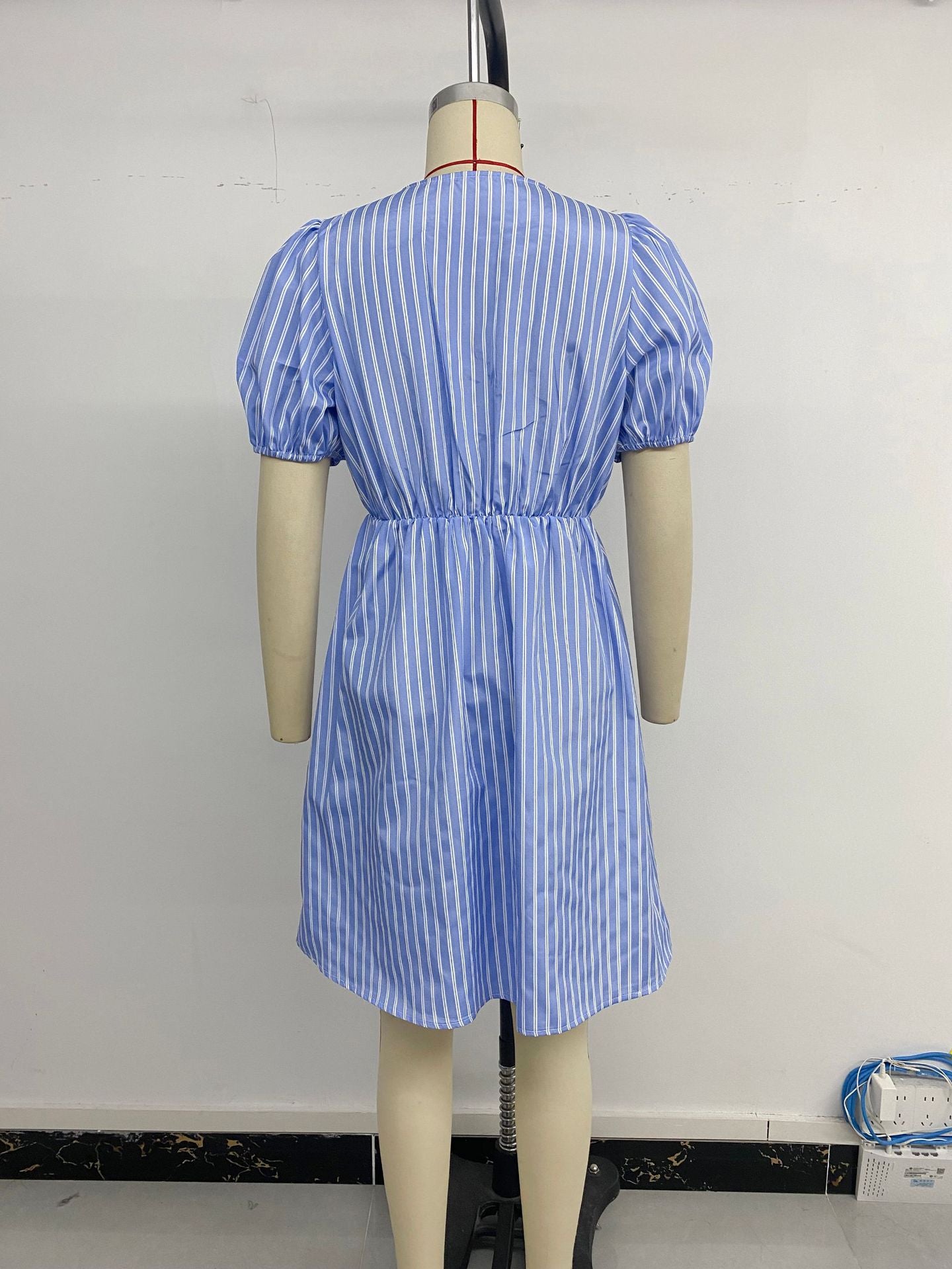 Women's Blue and White Striped Puff Sleeve Dress with Front Bow Details Casual Summer Outings Dress 2025 - Seldom Seen Styles