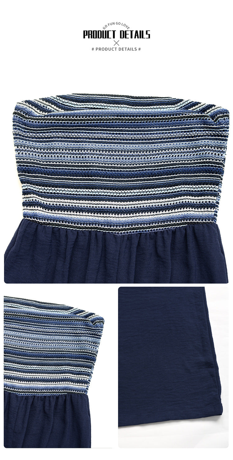 Women's Navy Blue Strapless Wide Leg Loose Fit Jumpsuit Casual Smocked Tube Top Sleeveless Summer Beach One Piece Romper - Seldom Seen Styles