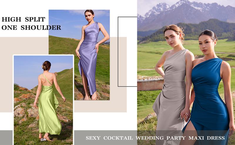 Women's Sexy One Shoulder Satin High Split Cocktail Fit Wedding Party Maxi Formal Dress - Seldom Seen Styles