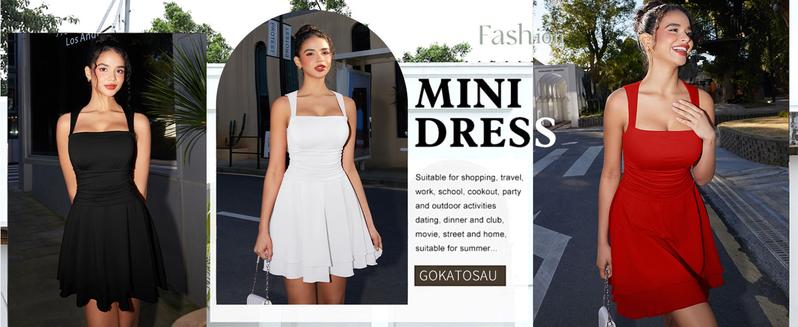 Women's Square Neck Sleeveless Bodycon Ruched Waist Flowy A-Line Ruffle Hem Mini Dress - Seldom Seen Styles