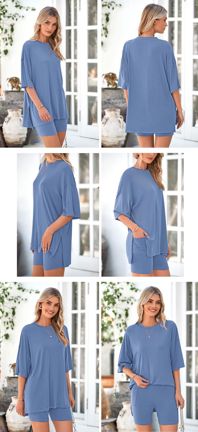 Women's Summer Two-Piece Set 2025 Casual Oversized Crewneck Split Hem Shirts & Side Pocket Biker Shorts Minimalist Lounge Wear Soft Viscose Fabric Comfy Homewear Cozy Pjs - Seldom Seen Styles