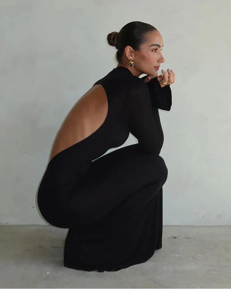 XENIA MAXI DRESS Black Backless Long-Sleeved DRESS - Seldom Seen Styles