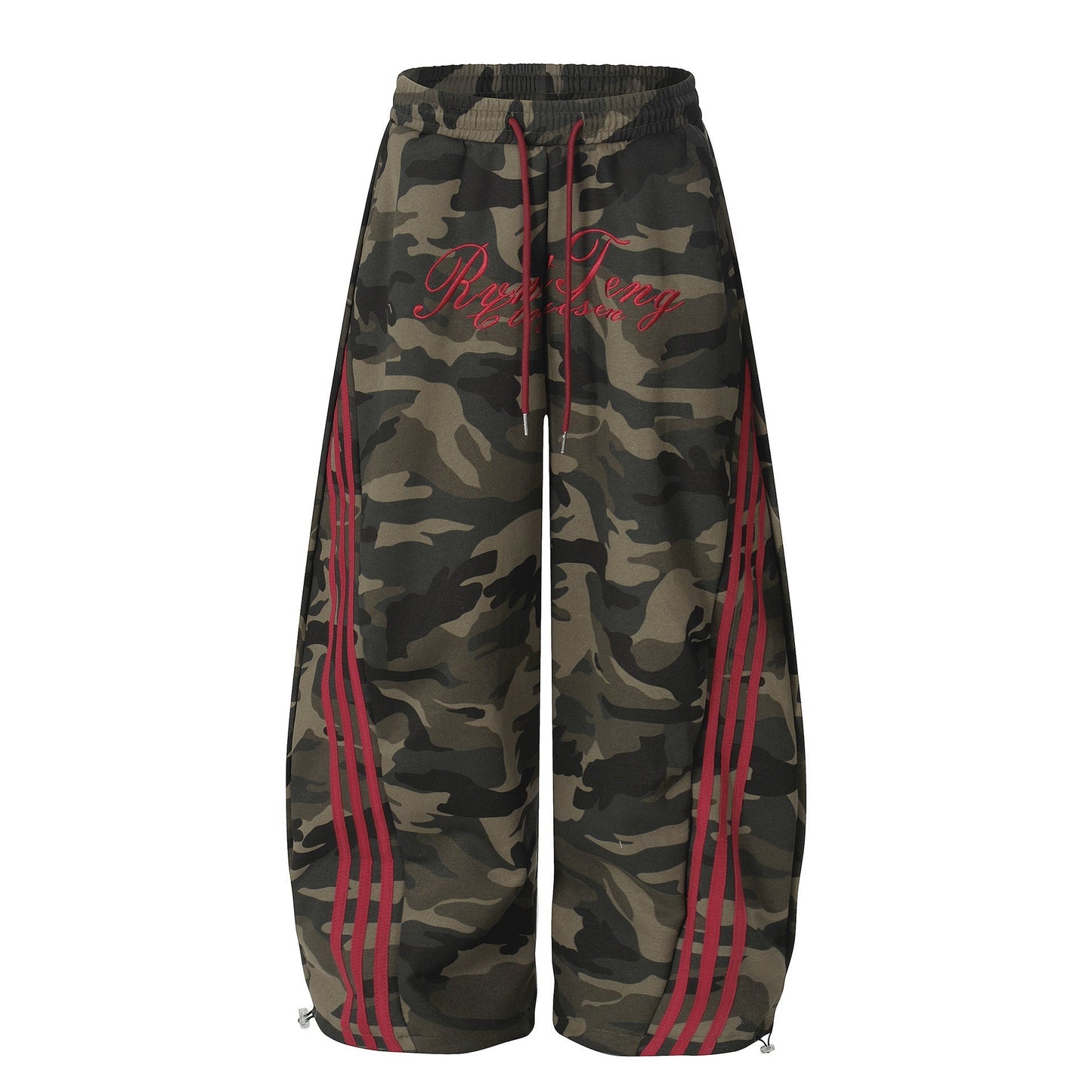 Camouflage Wide-Leg Pants with Red Stripes and Embroidery for Casual Wear