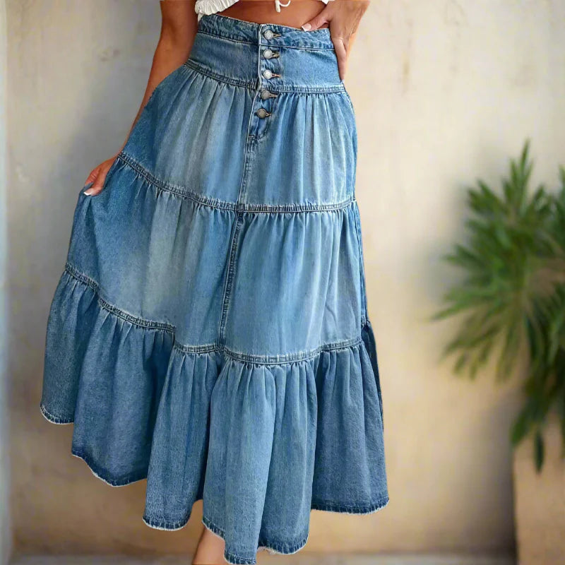Boho High Waist Denim Maxi Skirt - Seldom Seen Styles