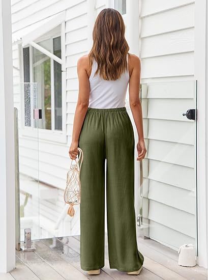 Women's Cotton Linen Summer Palazzo Pants Flowy Wide Leg Beach Trousers with Pockets Casual Womenswear