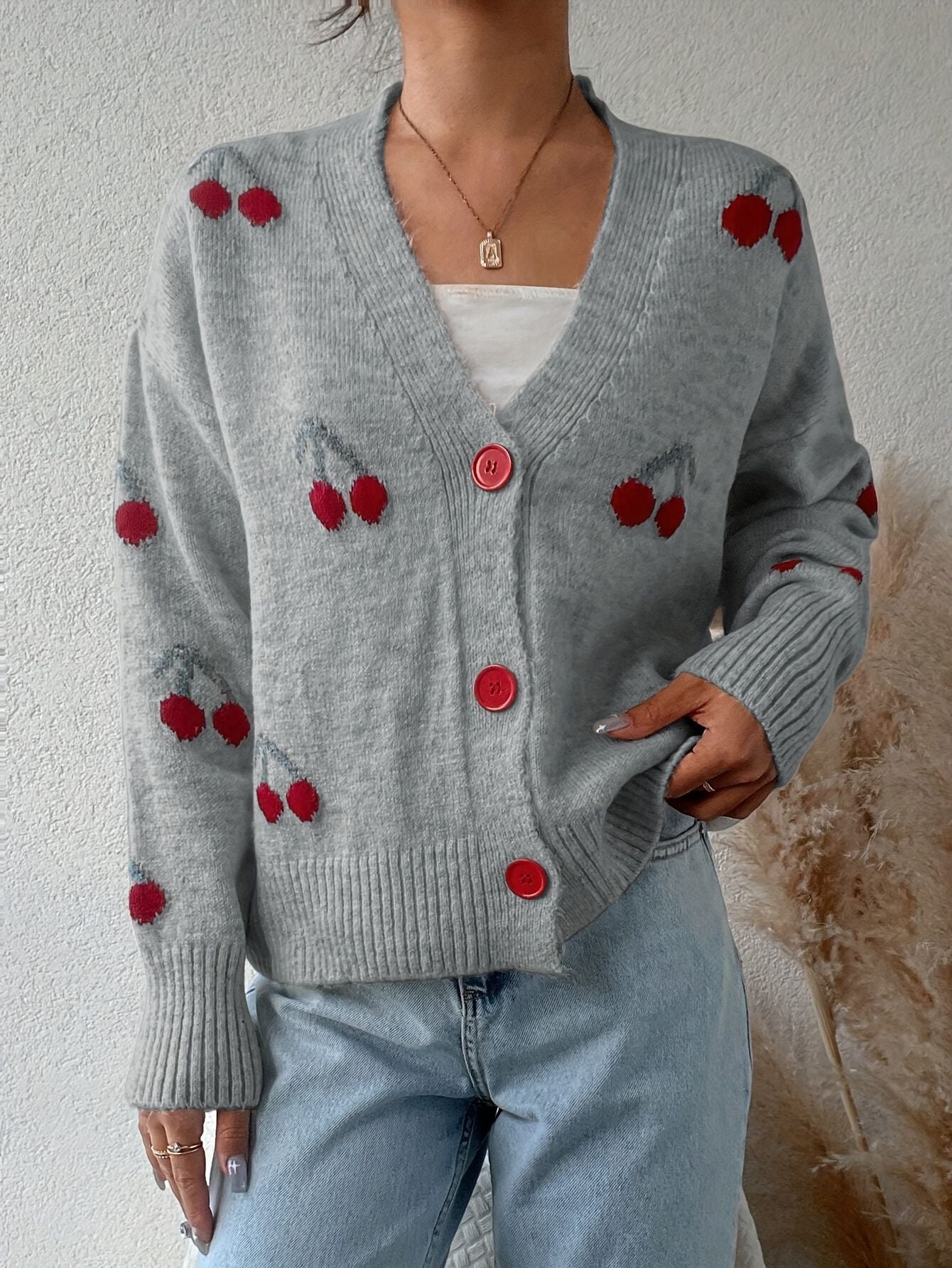 Women's Cherry Pattern Button Front Knitting Longsleeves Cardigan, Casual Elegant Long Sleeve Sweater Cardigan for Fall & Winter, Women's Knit Clothing for Daily Wear, Cardigan for Women, Women's Cardigan, Womenswear, Knitwear, Clothe - Seldom Seen Styles