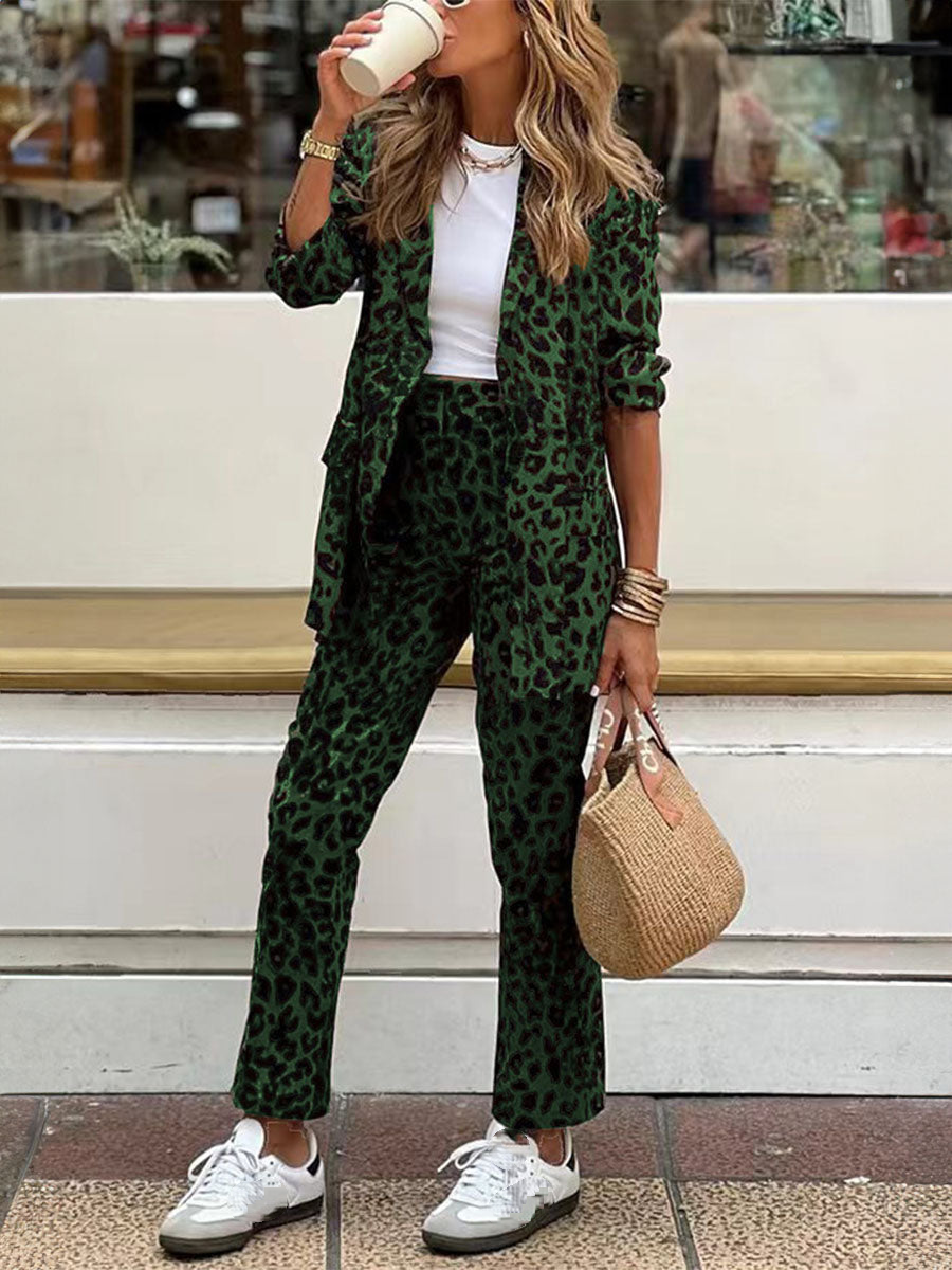 Womens Lapel Leopard Print Casual Set - Seldom Seen Styles