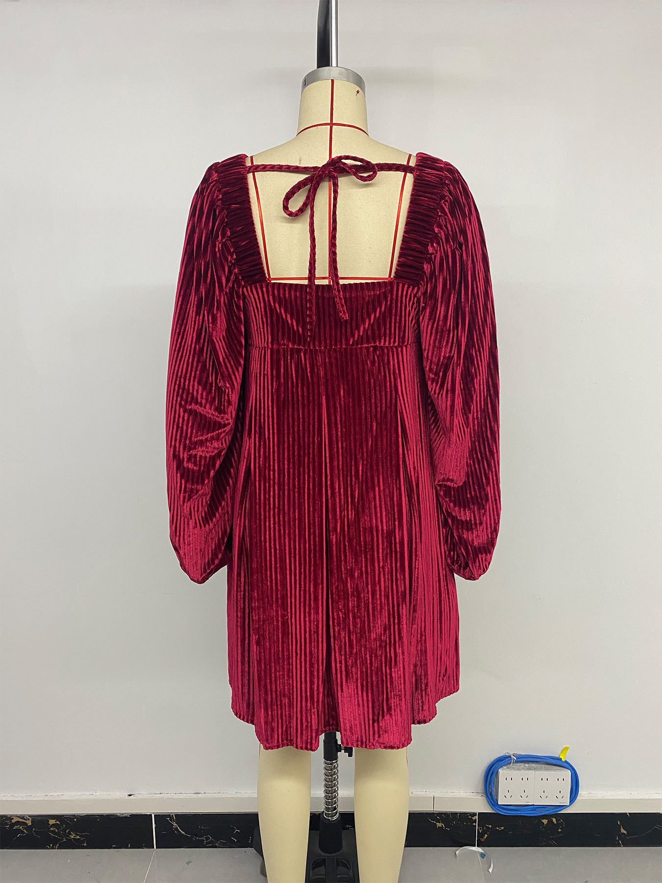 Women's Square Neck Velvet Dress Long Sleeve Tie Back Open Back Ruffle Mini Babydoll Dress