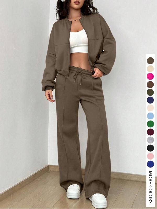 Women's Casual Tracksuit Set, Zip-Front Jacket and Elastic Waist Pants For Airport Wear, Athleisure Style
