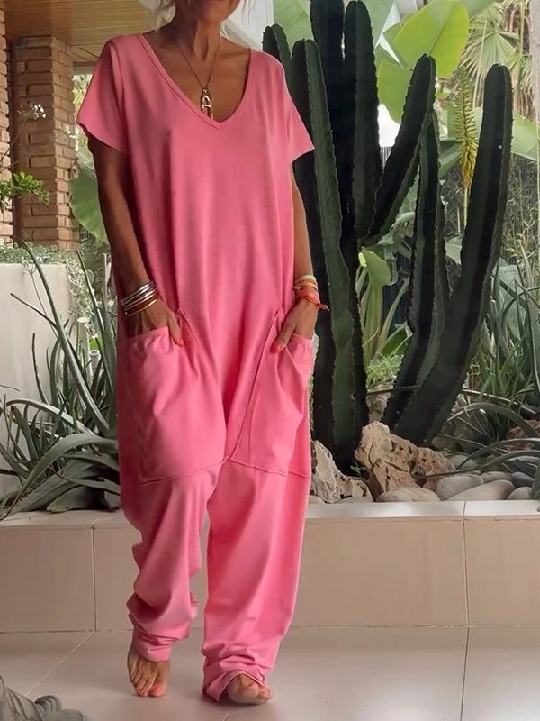 Casual V-neck Solid Color Jumpsuit - Seldom Seen Styles