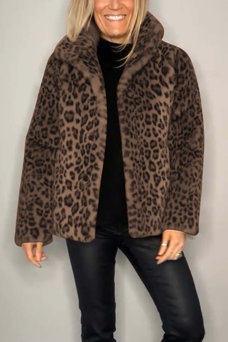 Women's Fashionable Leopard Print Lapel Faux Fur Winter Short Coat - Seldom Seen Styles