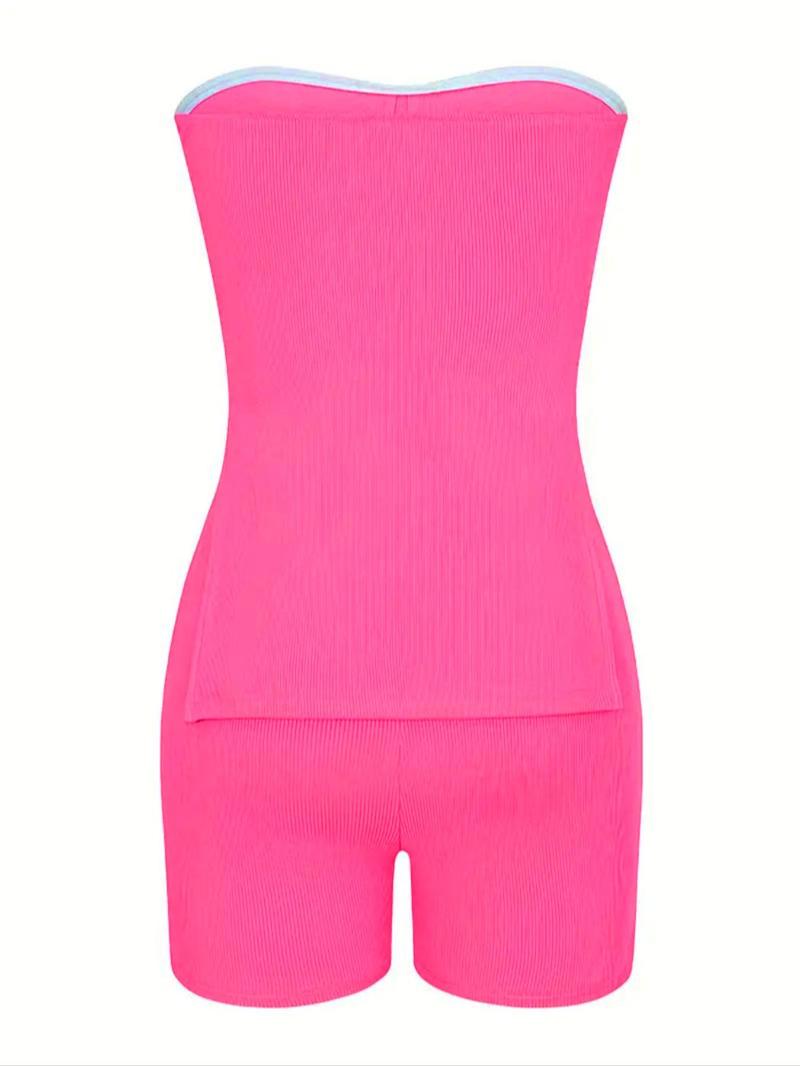 Two-piece Set-Women's-Minimalist-Solid Split Hem Tube Top & Elastic Waist Shorts Two-piece Set,-Lady-Comfort-Sleeveless Strapless Top & Skinny Shorts, Casual Summer Outfits Clothes Set for Outdoor Holiday,-Womenswear-Suits Downtown Girl Clothes - Seldom Seen Styles