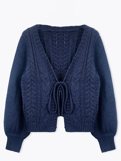 Women's Solid Drop Shoulder Tie Front Blue Cardigan,Comfort Basic Minimalist Fashion Casual Long Sleeve V Neck Knitwear for Fall & Winter, Lady Knitting Fabric Tops,Women Clothing for Daily Outdoor Wear, Womenswear - Seldom Seen Styles