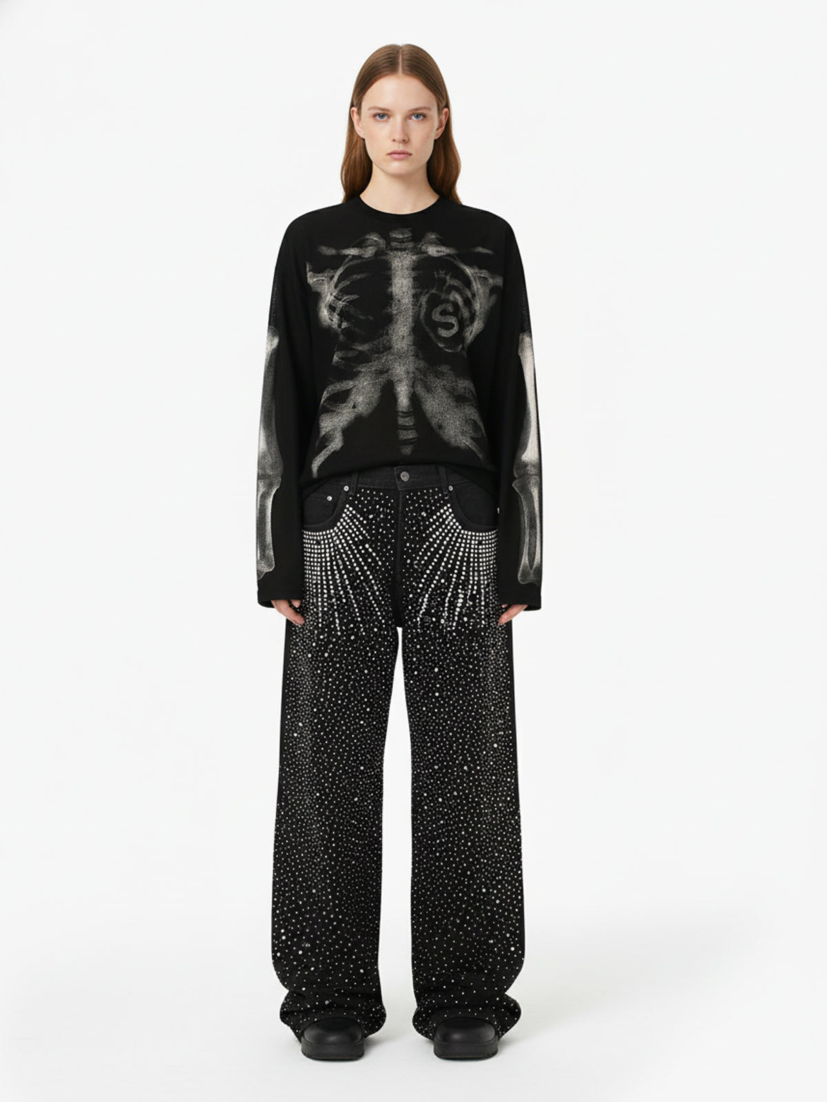 Skeleton Graphic Waffle Sweatshirt – Spooky Halloween Vibes - 2495 