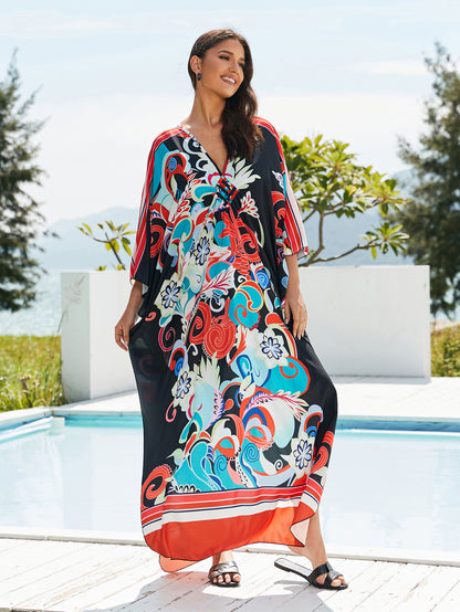 [Plus Size] Butterfly/feather Print Ruched Split Hem Tunic Dress, Valentine's Day Elegant Batwing Sleeve V Neck Long Dress for Summer, Casual Womenswear, Gift, Homecoming Dresses, Women's Clothes for Beach Holiday Vacation, Moo Moo Dresses