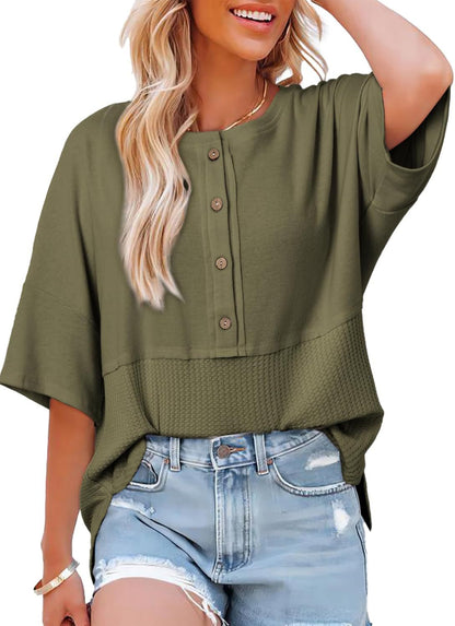 Womens Waffle Knit Tops 2025 Fashion 3/4 Sleeve Casual Button Down Shirts Crew Neck Oversized Patchwork Blouses - Seldom Seen Styles