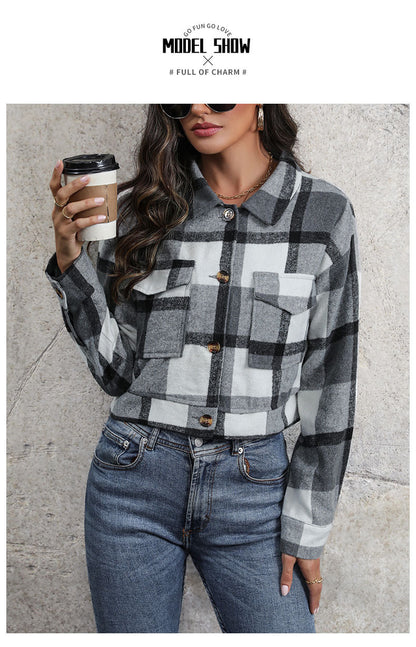 Women's Flannel Cropped Plaid Shacket Jacket Button Down Long Sleeve Shirts Tops