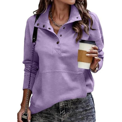 2025 Women's Fall Pullover Mockneck Button Down Ribbed Fit Lightweight Cozy Oversized Long Sleeve Sweatshirt Kangaroo Pocket for Everyday Wear - Seldom Seen Styles