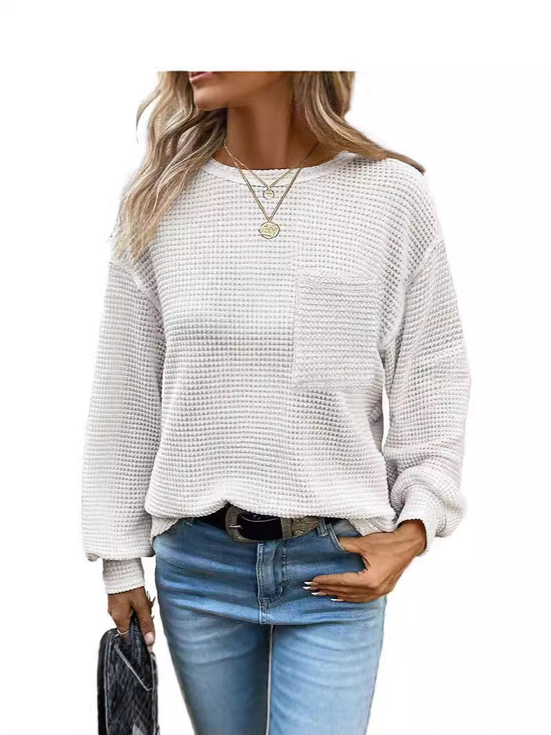 Womens Waffle Knit Tops 2025 Oversized Long Sleeve Crewneck Shirts Business Casual Blouses Basic Shirts - Seldom Seen Styles