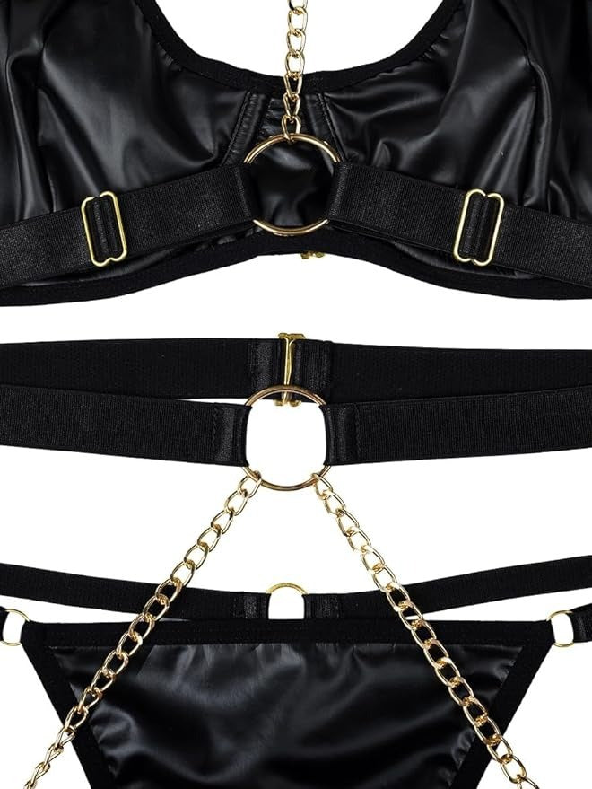 Women's Exotic Lingerie Sets Sexy Strappy Leather Rave Outfits Babydoll Garter with Underwire Push Up Bra and Chains - Seldom Seen Styles