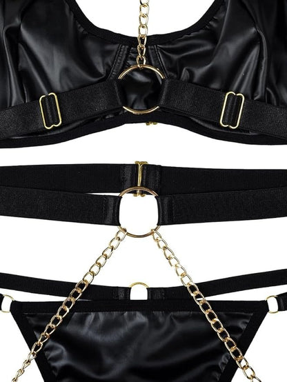 Women's Exotic Lingerie Sets Sexy Strappy Leather Rave Outfits Babydoll Garter with Underwire Push Up Bra and Chains - Seldom Seen Styles