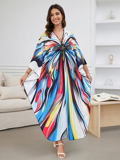 [Plus Size] Butterfly/feather Print Ruched Split Hem Tunic Dress, Valentine's Day Elegant Batwing Sleeve V Neck Long Dress for Summer, Casual Womenswear, Gift, Homecoming Dresses, Women's Clothes for Beach Holiday Vacation, Moo Moo Dresses