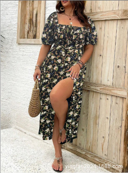 【Plus Size】 Ditsy Floral / All Over Print Split Thigh Dress, Casual Puff Sleeve Tie Front Dress, Bohemian Women Plus Clothing for Summer Beach Daily Wear, Elegant Plus Size, Boho Clothes Women, Womenswear - Seldom Seen Styles