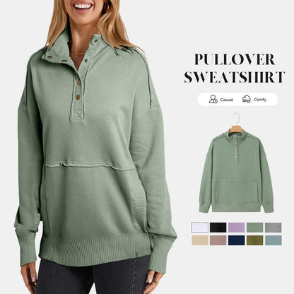 2025 Women's Fall Pullover Mockneck Button Down Ribbed Fit Lightweight Cozy Oversized Long Sleeve Sweatshirt Kangaroo Pocket for Everyday Wear - Seldom Seen Styles