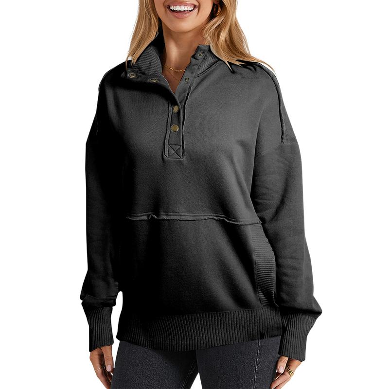 2025 Women's Fall Pullover Mockneck Button Down Ribbed Fit Lightweight Cozy Oversized Long Sleeve Sweatshirt Kangaroo Pocket for Everyday Wear - Seldom Seen Styles