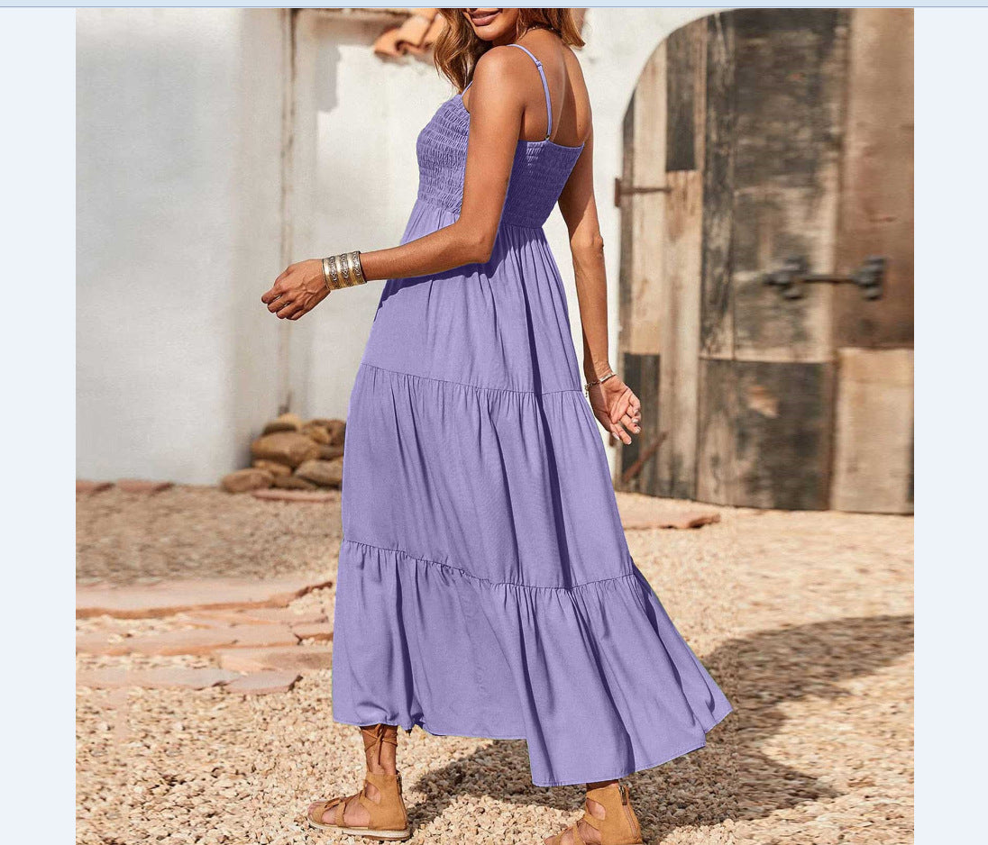 Women's Summer Midi Dress 2025 Casual Boho Sleeveless Spaghetti Strap Smocked Tiered Long Beach Sundresses