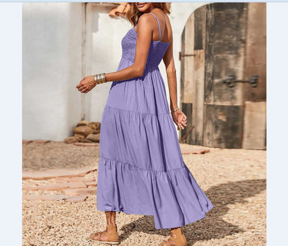 Women's Summer Midi Dress 2025 Casual Boho Sleeveless Spaghetti Strap Smocked Tiered Long Beach Sundresses