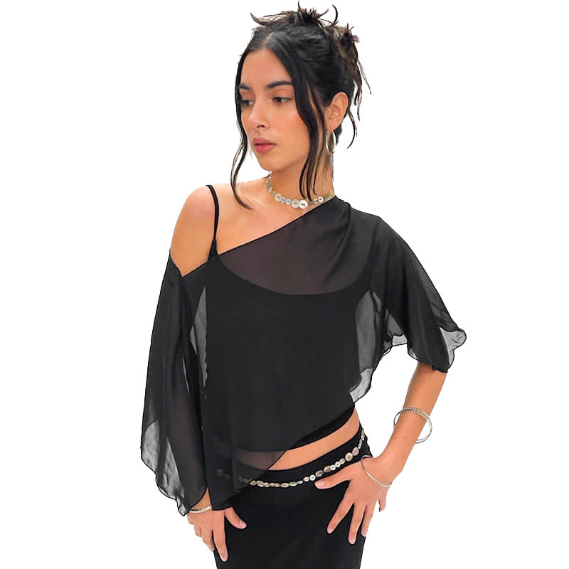 Women's Solid Color Sheer Mesh Crop Top ＆ Cami Top, Fashion Casual Camisole for Daily Outdoor Wear, Ladies Clothes for Summer - Seldom Seen Styles
