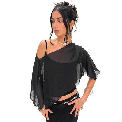 Women's Solid Color Sheer Mesh Crop Top ＆ Cami Top, Fashion Casual Camisole for Daily Outdoor Wear, Ladies Clothes for Summer - Seldom Seen Styles