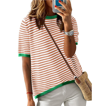 Womens Tops Casual Summer Crewneck Short Sleeve Striped Color Block Knit High Low Trendy Pullover Sweaters - Seldom Seen Styles